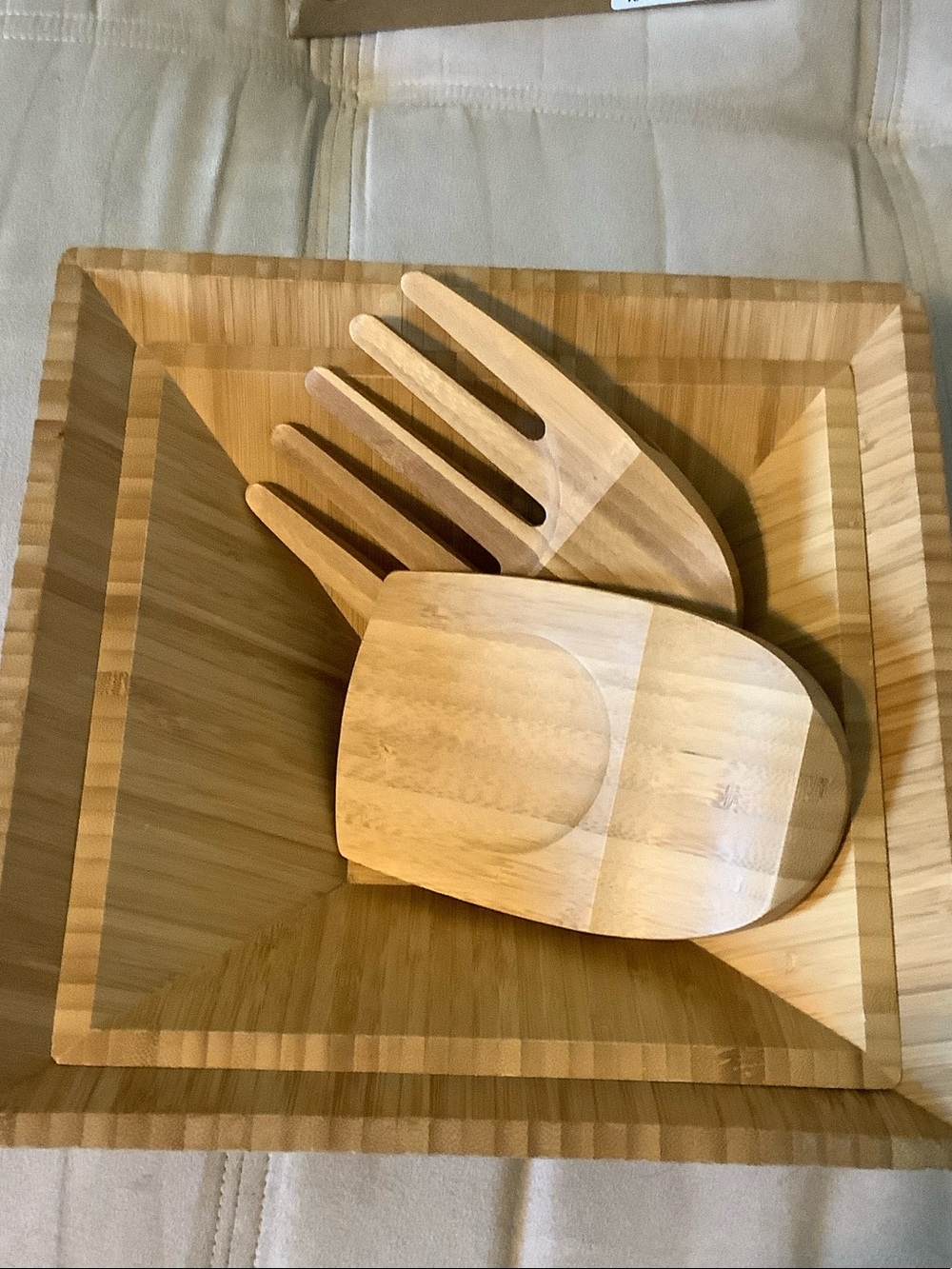 Pampered Chef Bamboo Square Salad Bowl with Forks - Natural Wood